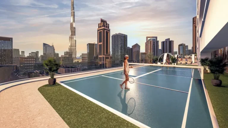 Rooftop tennis court with elegant city view