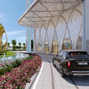 "Elegant ground floor exterior featuring garden area, water fountain, and private driveway