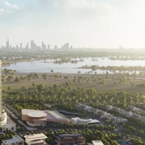 Panoramic waterfront view of Dubai skyline from residential community