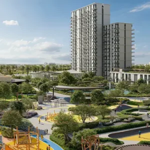 Modern residential high-rise building with landscaped surroundings