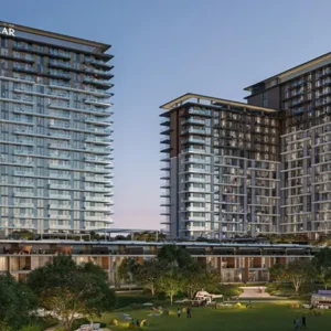 Waterfront residential towers with landscaped boardwalk