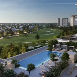 Elevated swimming pool terrace overlooking golf community