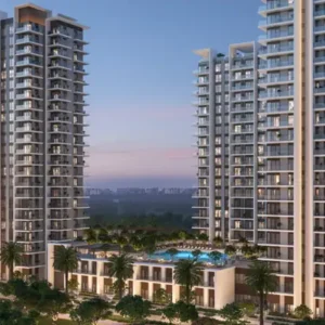 High-rise residential towers with landscaped podium and amenities