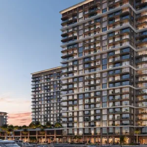 High-rise marina residential towers with waterfront promenade