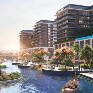 Marina-front apartments with poolside leisure decks