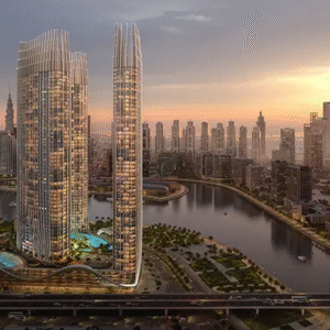 Luxury high-rise residential towers overlooking waterfront at sunset