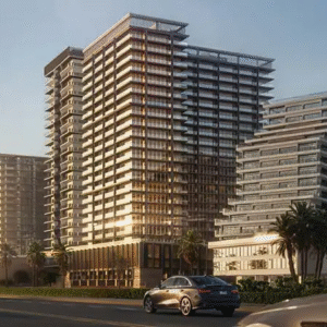 Artistic lobby wall installation with sculptural wave pattern