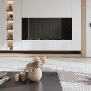 Minimalist TV wall with soft beige modern decor