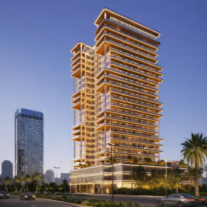 Golden illuminated high-rise building at sunset