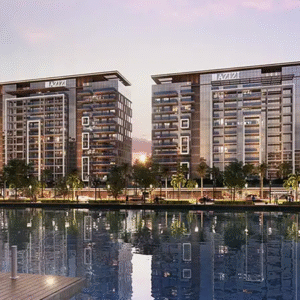 Lakefront residential community with garden and balconies