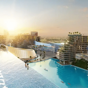 Rooftop infinity pool with city skyline view