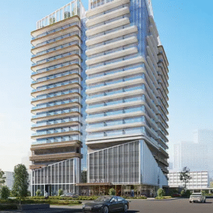 Mid-rise modern residential tower with glass façade