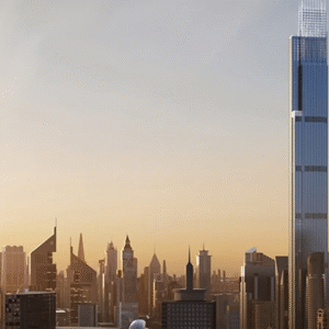 City skyline view at sunset from rooftop terrace