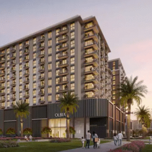 Apartment tower exterior during sunset